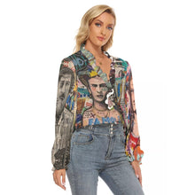 Load image into Gallery viewer, All-Over Print Women&#39;s Pleated Collar V-neck Shirt
